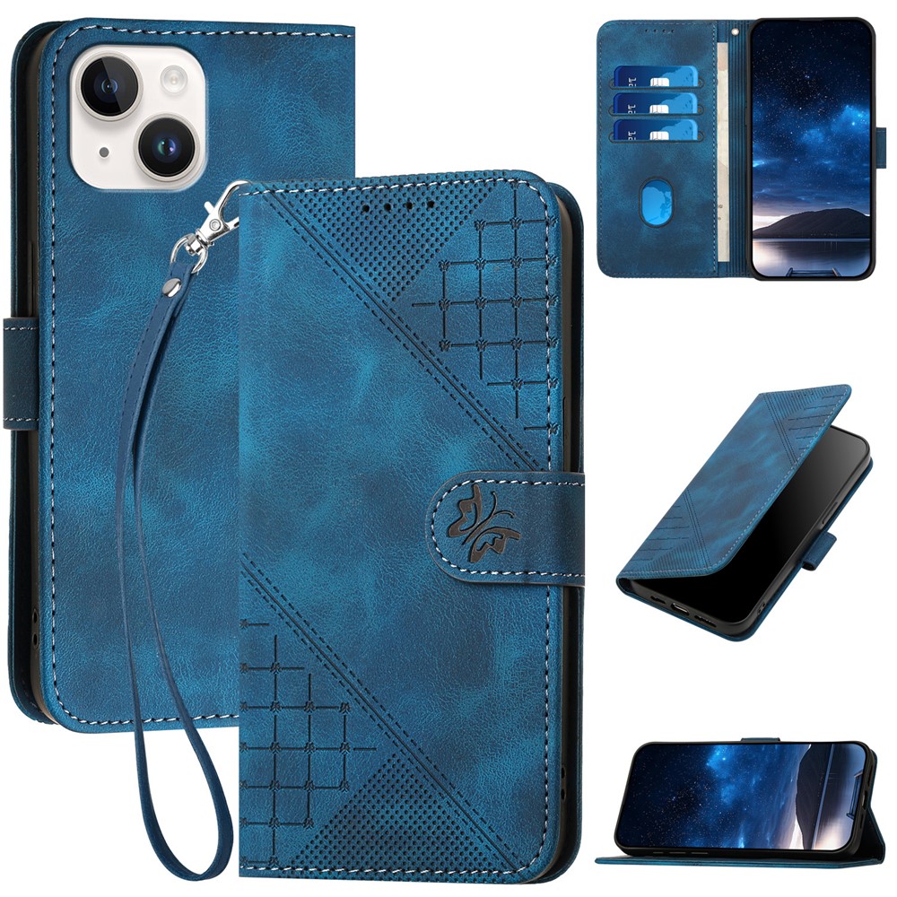 For iPhone 15 Leather Wallet Case Butterfly Flower Imprinted Phone Cover with Strap - Sapphire