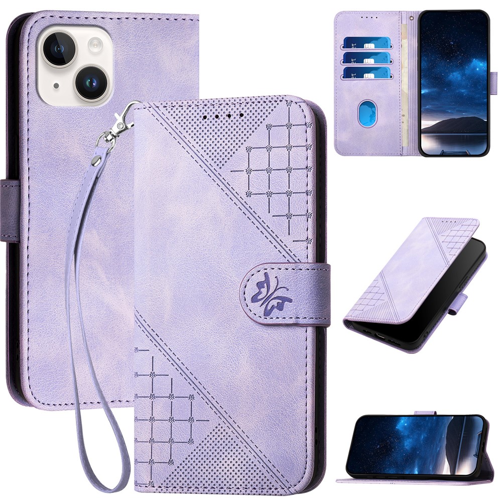 For iPhone 15 Leather Wallet Case Butterfly Flower Imprinted Phone Cover with Strap - Light Purple