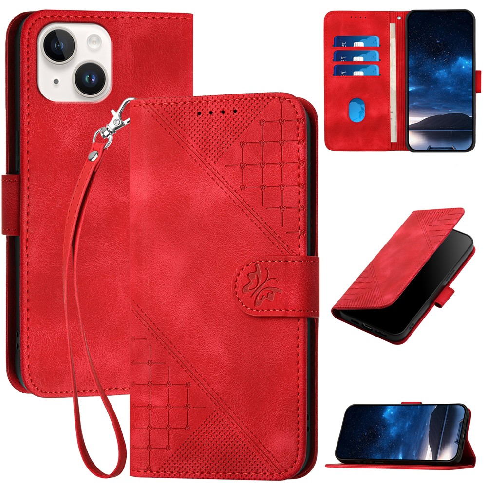 For iPhone 15 Leather Wallet Case Butterfly Flower Imprinted Phone Cover with Strap - Red