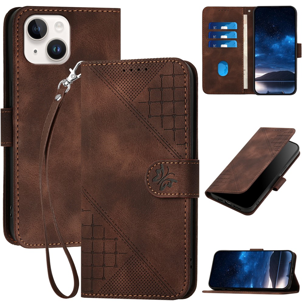 For iPhone 15 Leather Wallet Case Butterfly Flower Imprinted Phone Cover with Strap - Brown