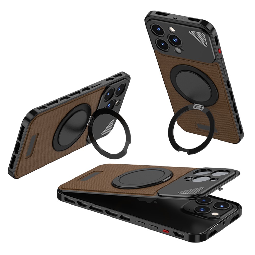 For iPhone 14 Pro Max Case Magnetic Closure Back Plate + Metal Frame Phone Cover with Kickstand - Black / Dark Brown