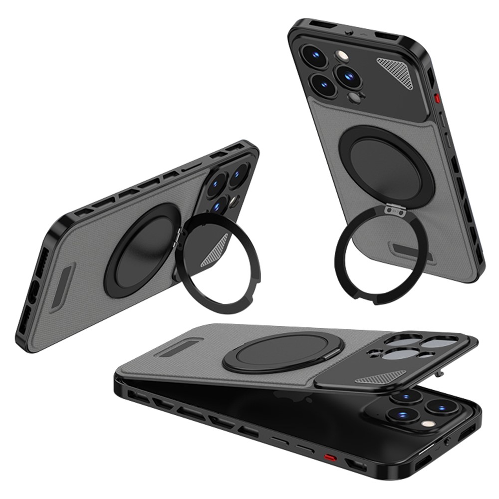 For iPhone 14 Pro Max Case Magnetic Closure Back Plate + Metal Frame Phone Cover with Kickstand - Black / Dark Grey