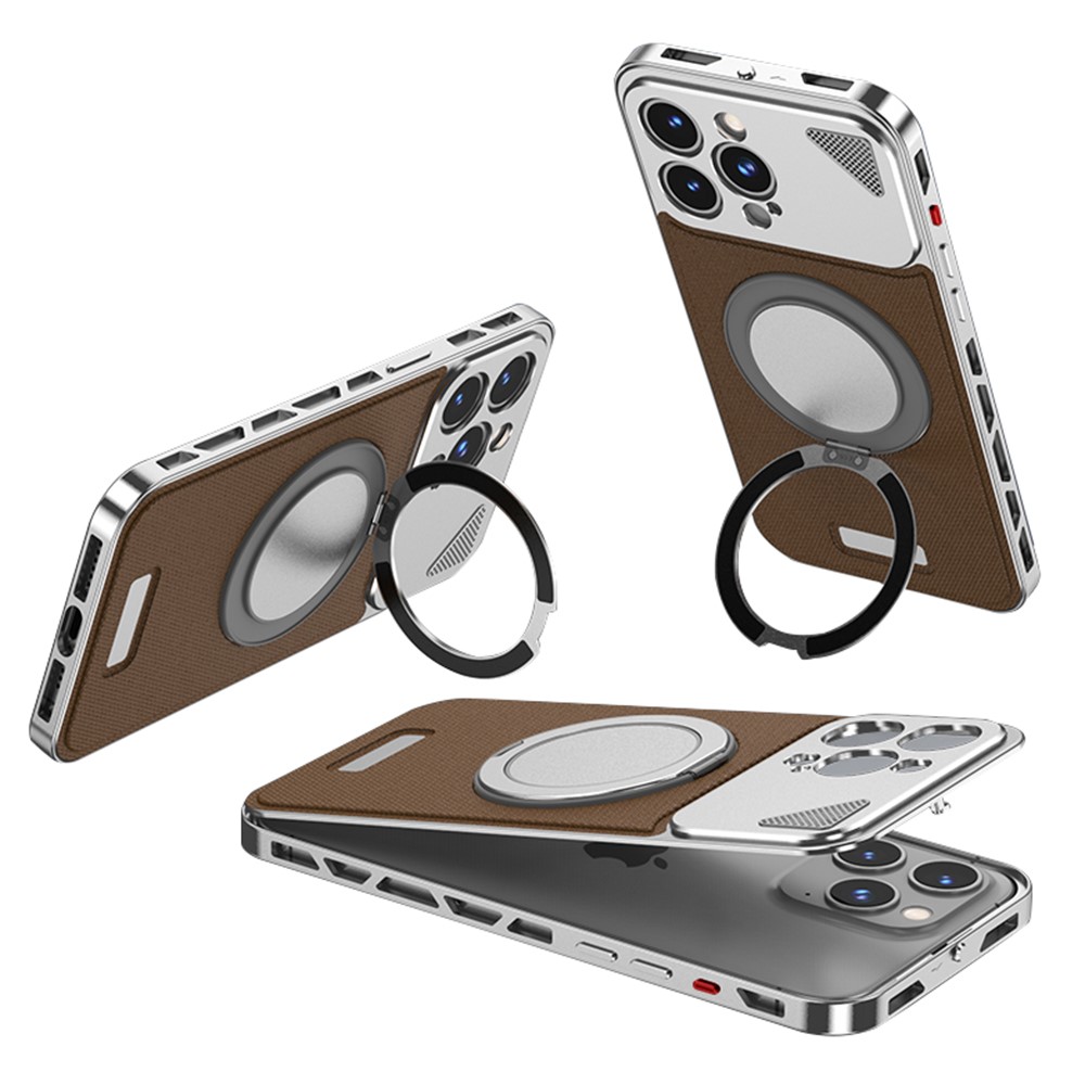For iPhone 14 Pro Max Case Magnetic Closure Back Plate + Metal Frame Phone Cover with Kickstand - Silver / Dark Brown