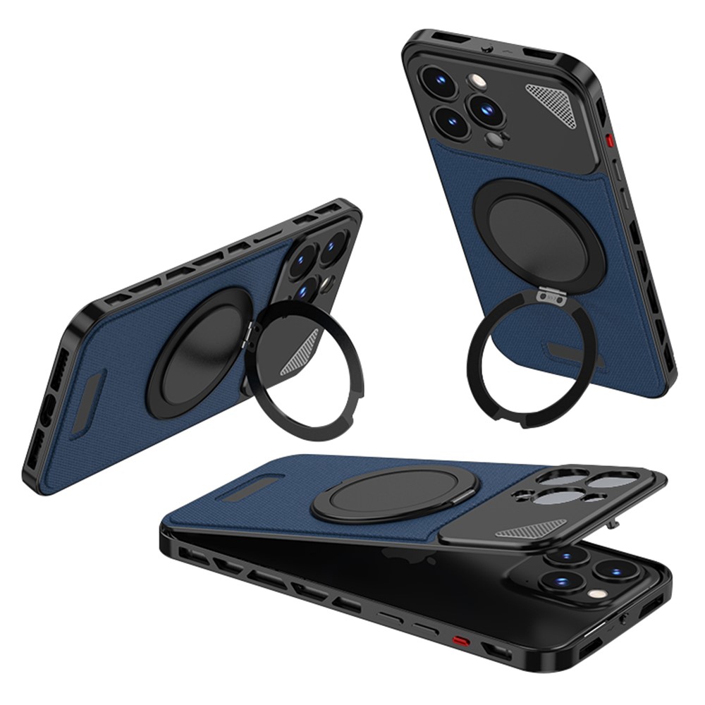 For iPhone 14 Pro Max Case Magnetic Closure Back Plate + Metal Frame Phone Cover with Kickstand - Black / Dark Blue