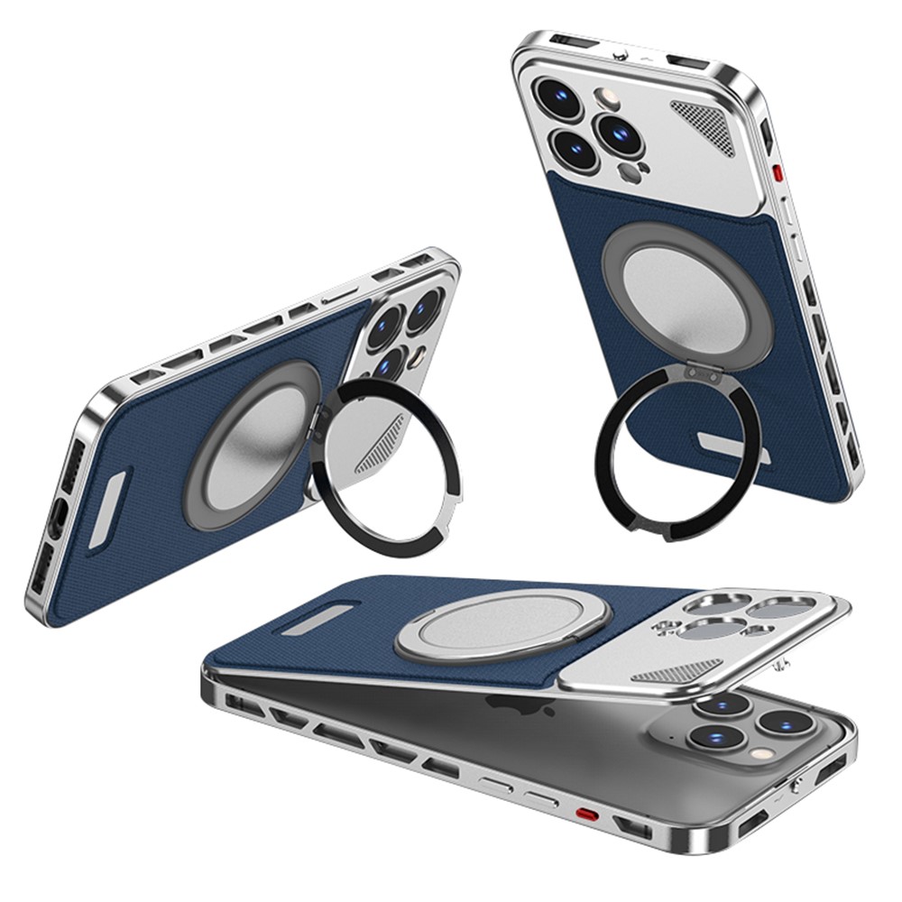 For iPhone 14 Pro Max Case Magnetic Closure Back Plate + Metal Frame Phone Cover with Kickstand - Silver / Dark Blue
