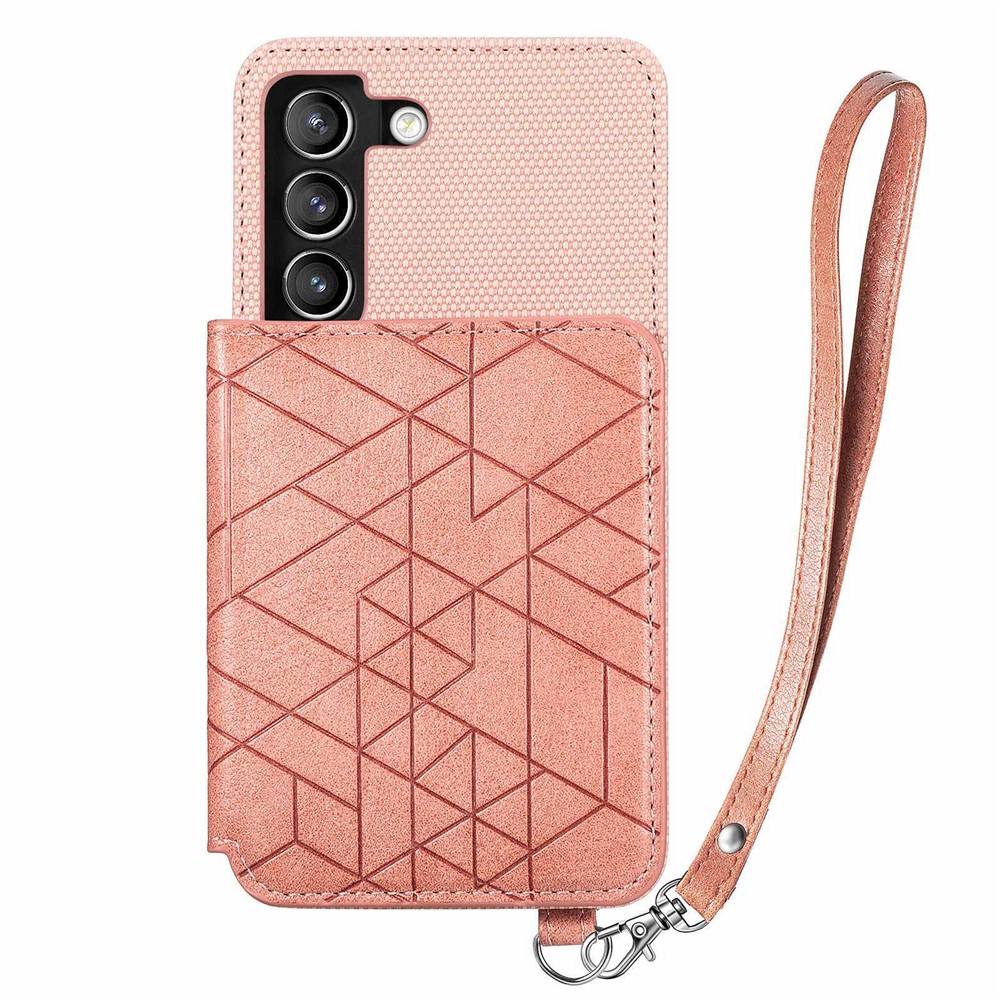Geometry Imprinted Phone Case for Samsung Galaxy S21 FE 5G, PU Leather Coated TPU Kickstand Wallet Cover with Hand Strap - Rose Gold-2