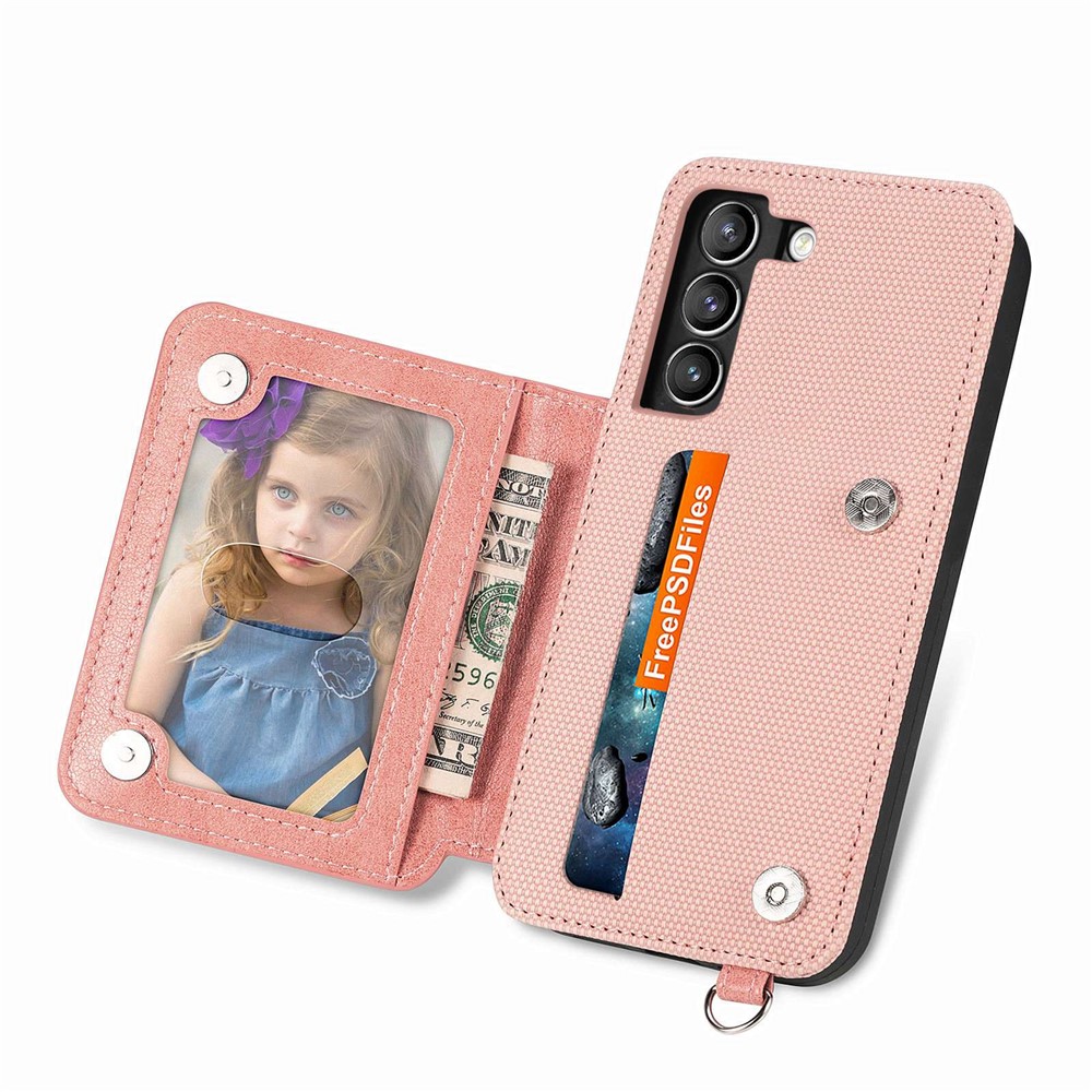 Geometry Imprinted Phone Case for Samsung Galaxy S21 FE 5G, PU Leather Coated TPU Kickstand Wallet Cover with Hand Strap - Rose Gold-3