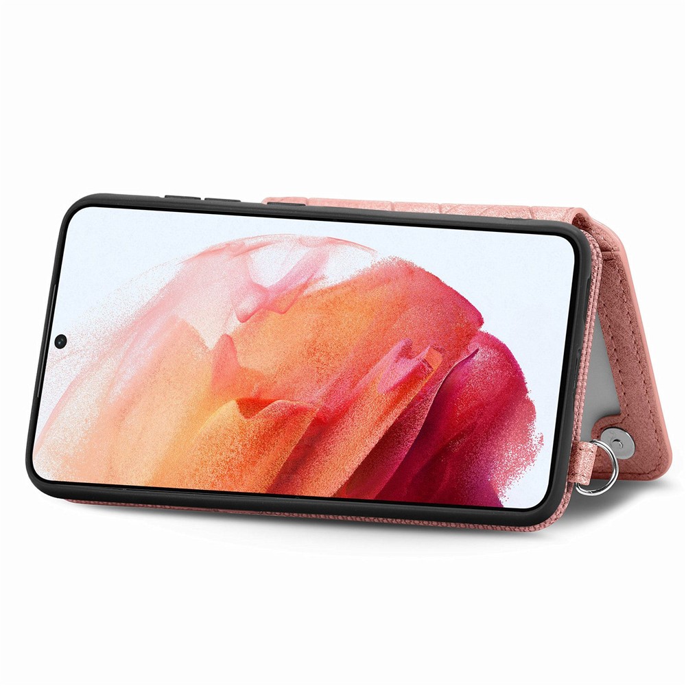 Geometry Imprinted Phone Case for Samsung Galaxy S21 FE 5G, PU Leather Coated TPU Kickstand Wallet Cover with Hand Strap - Rose Gold-4