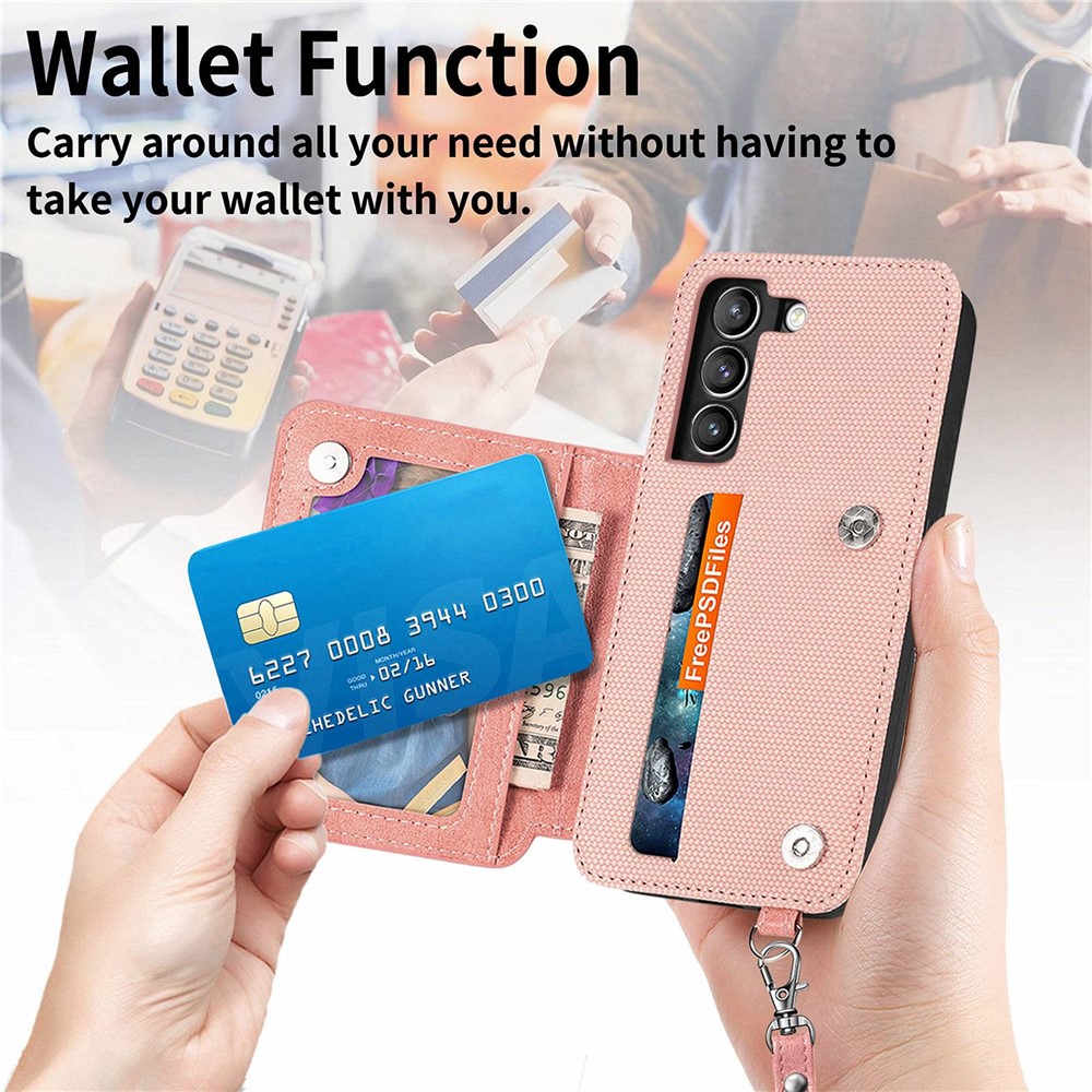 Geometry Imprinted Phone Case for Samsung Galaxy S21 FE 5G, PU Leather Coated TPU Kickstand Wallet Cover with Hand Strap - Rose Gold-7