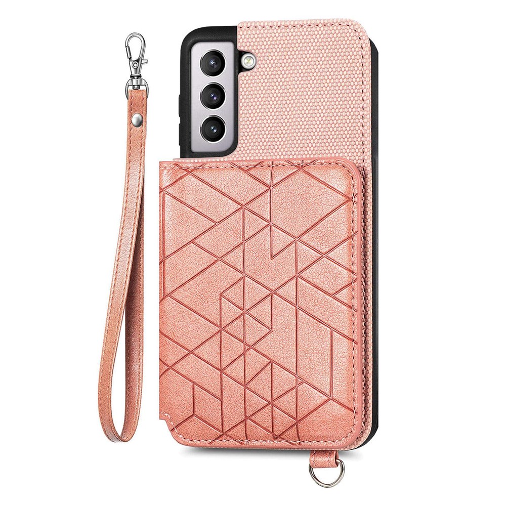 For Samsung Galaxy S21 4G / 5G Geometry Imprinted Wallet Kickstand Phone Case Anti-scratch Leather Coated TPU Shell with Hand Strap - Rose Gold-1