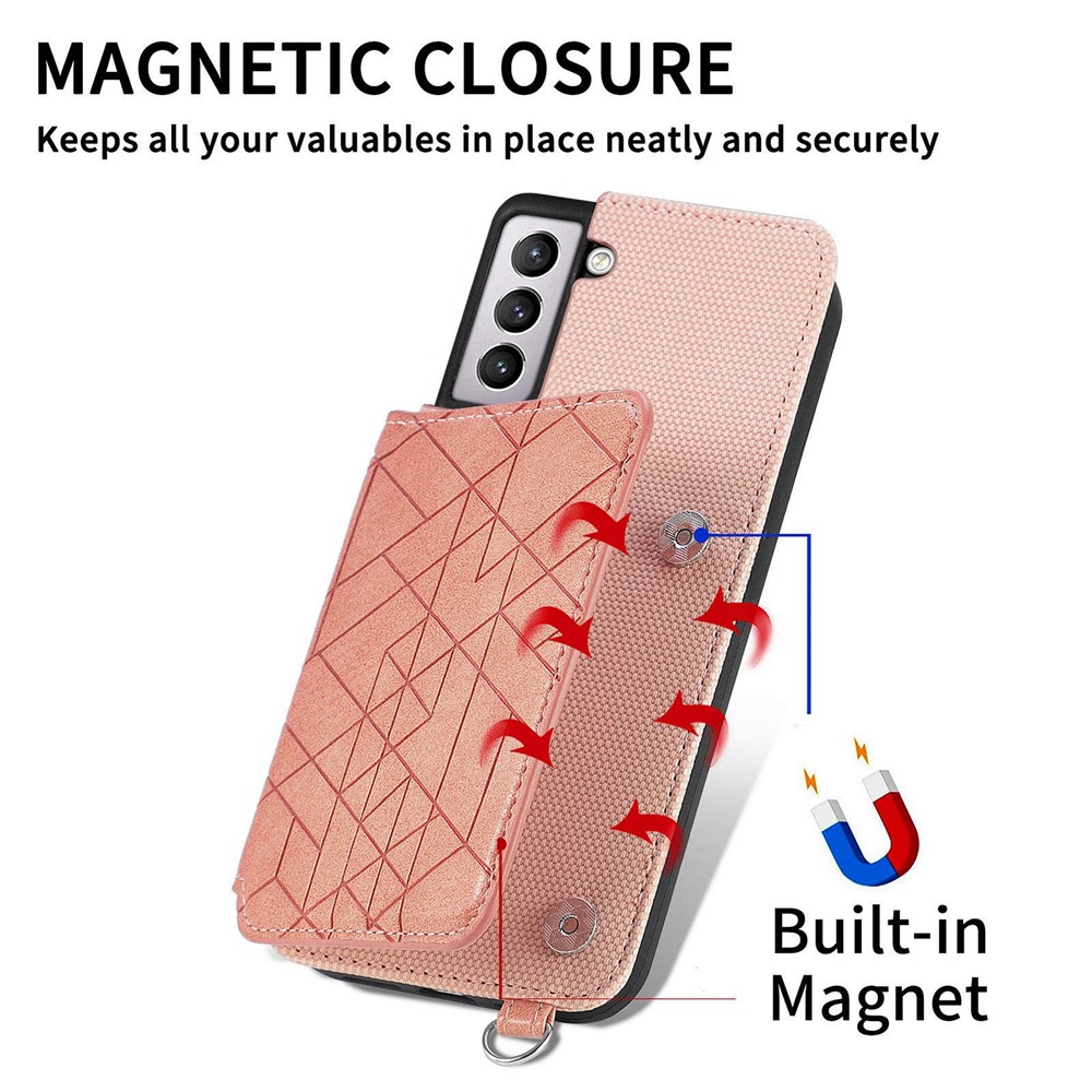 For Samsung Galaxy S21 4G / 5G Geometry Imprinted Wallet Kickstand Phone Case Anti-scratch Leather Coated TPU Shell with Hand Strap - Rose Gold-11