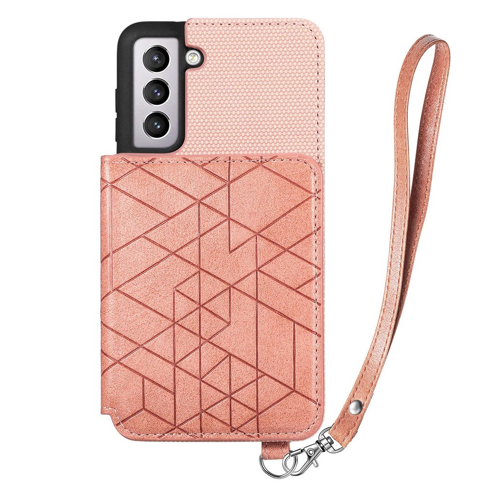 For Samsung Galaxy S21 4G / 5G Geometry Imprinted Wallet Kickstand Phone Case Anti-scratch Leather Coated TPU Shell with Hand Strap - Rose Gold-2