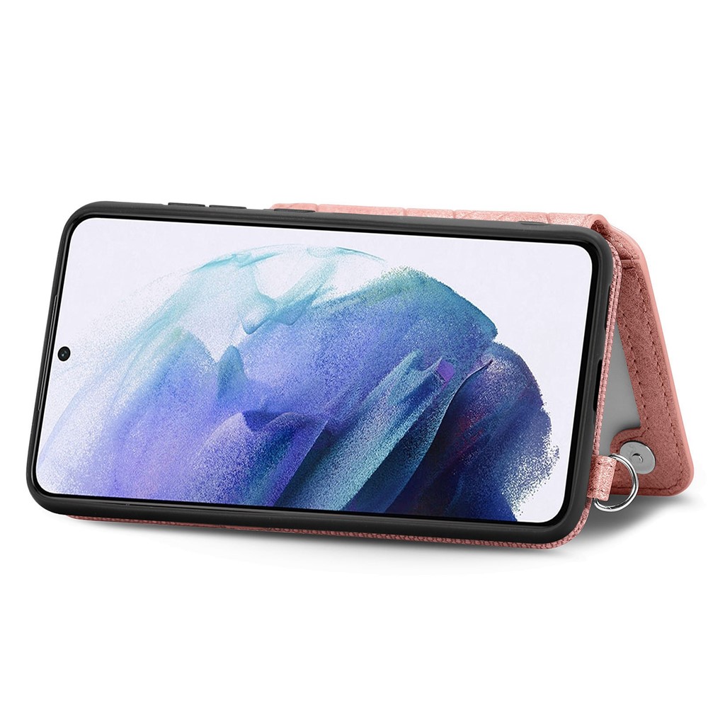 For Samsung Galaxy S21 4G / 5G Geometry Imprinted Wallet Kickstand Phone Case Anti-scratch Leather Coated TPU Shell with Hand Strap - Rose Gold-4