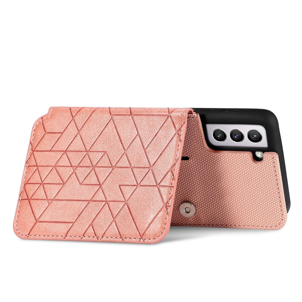 For Samsung Galaxy S21 4G / 5G Geometry Imprinted Wallet Kickstand Phone Case Anti-scratch Leather Coated TPU Shell with Hand Strap - Rose Gold-5