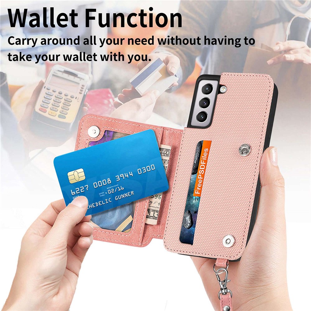 For Samsung Galaxy S21 4G / 5G Geometry Imprinted Wallet Kickstand Phone Case Anti-scratch Leather Coated TPU Shell with Hand Strap - Rose Gold-7