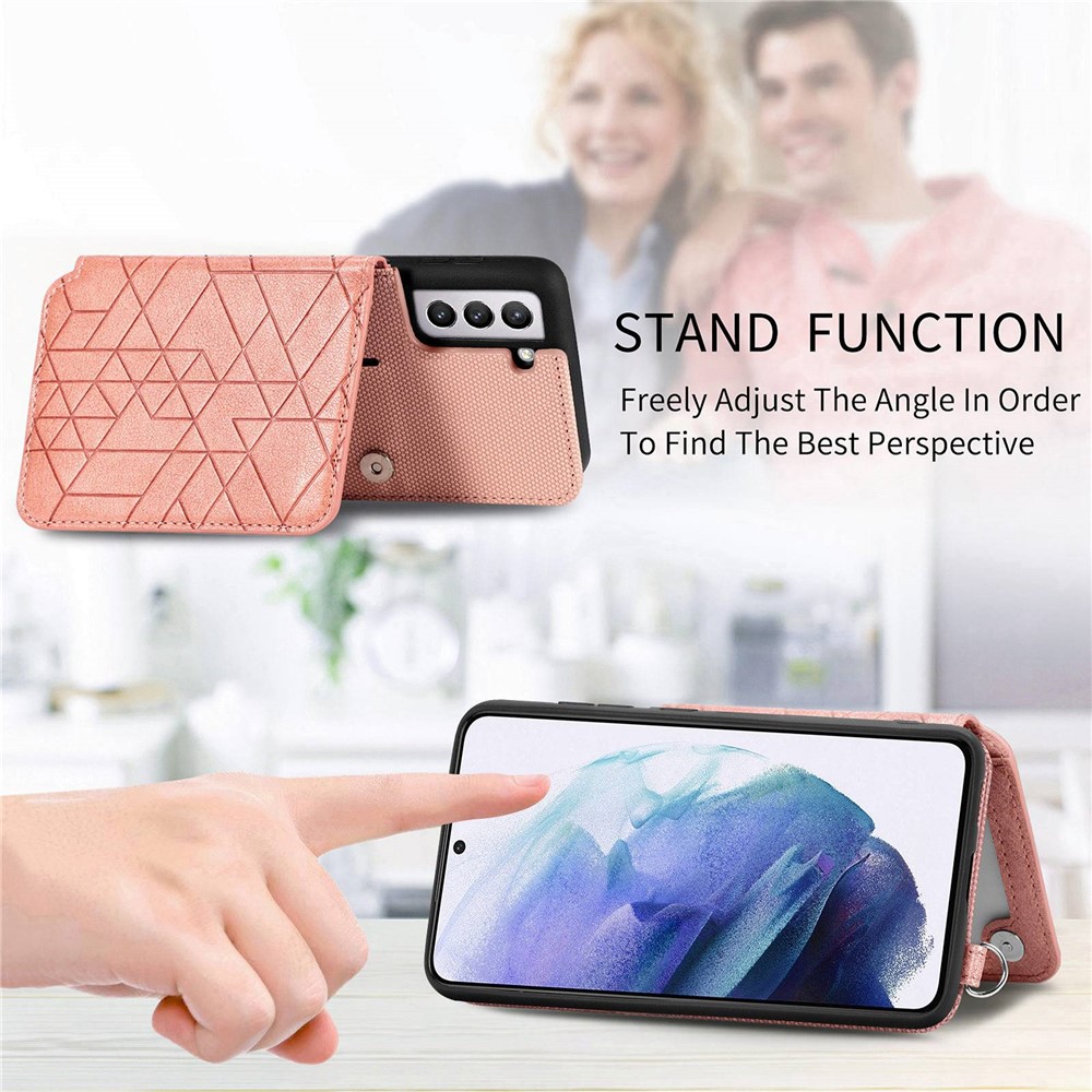 For Samsung Galaxy S21 4G / 5G Geometry Imprinted Wallet Kickstand Phone Case Anti-scratch Leather Coated TPU Shell with Hand Strap - Rose Gold-8