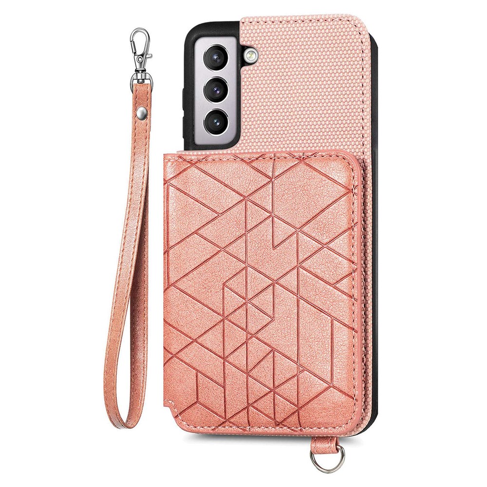 Geometry Imprinted PU Leather + TPU Case for Samsung Galaxy S21+ 5G, Kickstand Wallet Drop-proof Phone Cover with Hand Strap - Rose Gold-1