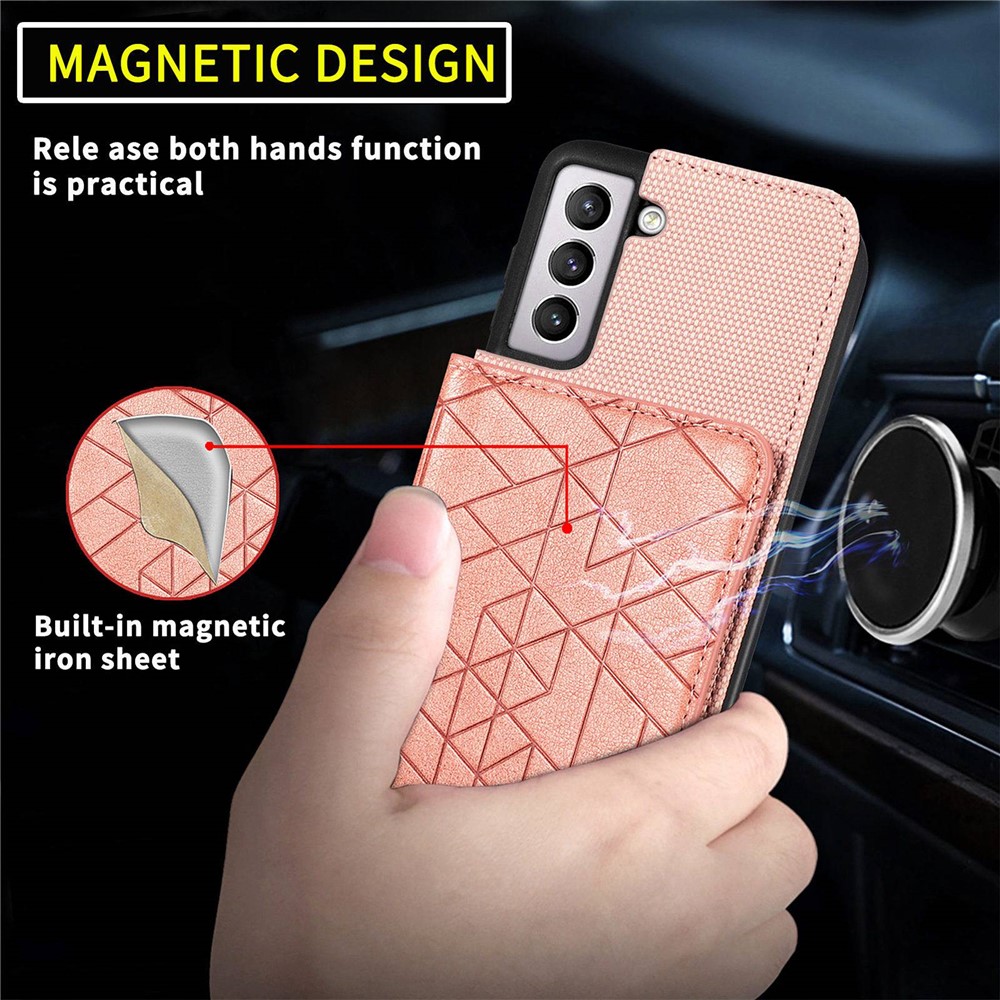 Geometry Imprinted PU Leather + TPU Case for Samsung Galaxy S21+ 5G, Kickstand Wallet Drop-proof Phone Cover with Hand Strap - Rose Gold-10
