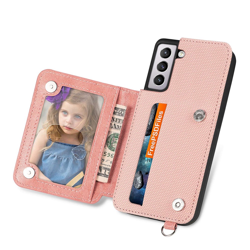 Geometry Imprinted PU Leather + TPU Case for Samsung Galaxy S21+ 5G, Kickstand Wallet Drop-proof Phone Cover with Hand Strap - Rose Gold-3