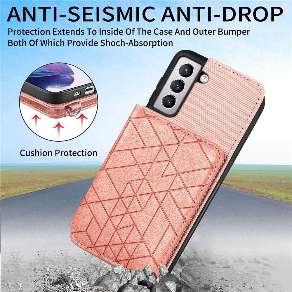 Geometry Imprinted PU Leather + TPU Case for Samsung Galaxy S21+ 5G, Kickstand Wallet Drop-proof Phone Cover with Hand Strap - Rose Gold-6