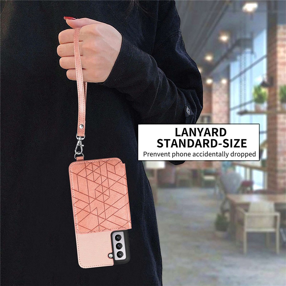 Geometry Imprinted PU Leather + TPU Case for Samsung Galaxy S21+ 5G, Kickstand Wallet Drop-proof Phone Cover with Hand Strap - Rose Gold-9