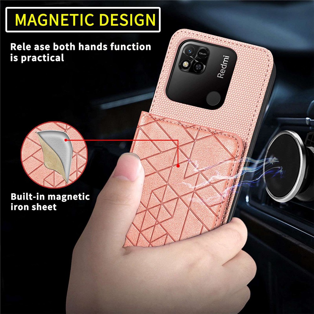 Geometry Imprinted Wallet Kickstand Case for Xiaomi Redmi 10A, Anti-scratch PU Leather Coated TPU Phone Cover with Hand Strap - Rose Gold-10
