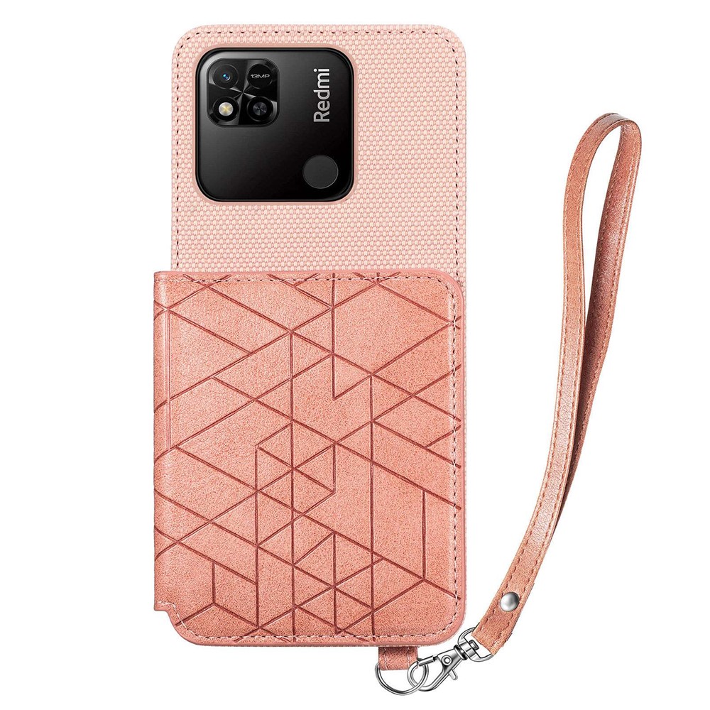 Geometry Imprinted Wallet Kickstand Case for Xiaomi Redmi 10A, Anti-scratch PU Leather Coated TPU Phone Cover with Hand Strap - Rose Gold-2