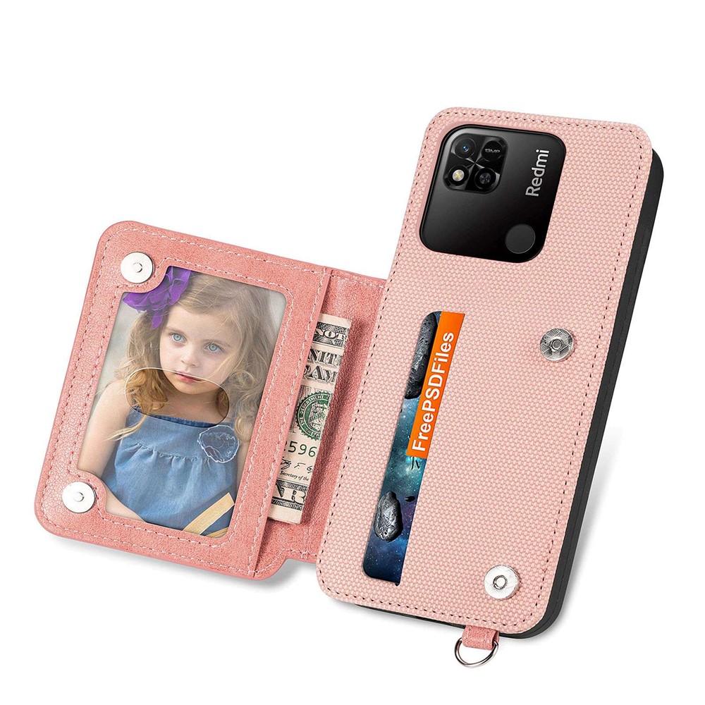 Geometry Imprinted Wallet Kickstand Case for Xiaomi Redmi 10A, Anti-scratch PU Leather Coated TPU Phone Cover with Hand Strap - Rose Gold-3