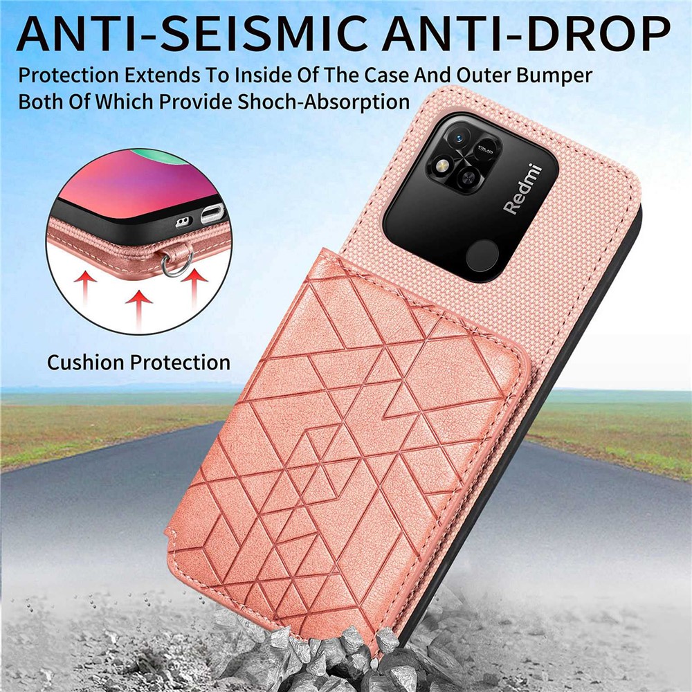 Geometry Imprinted Wallet Kickstand Case for Xiaomi Redmi 10A, Anti-scratch PU Leather Coated TPU Phone Cover with Hand Strap - Rose Gold-6