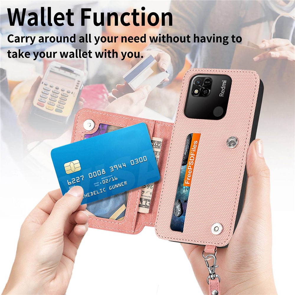 Geometry Imprinted Wallet Kickstand Case for Xiaomi Redmi 10A, Anti-scratch PU Leather Coated TPU Phone Cover with Hand Strap - Rose Gold-7