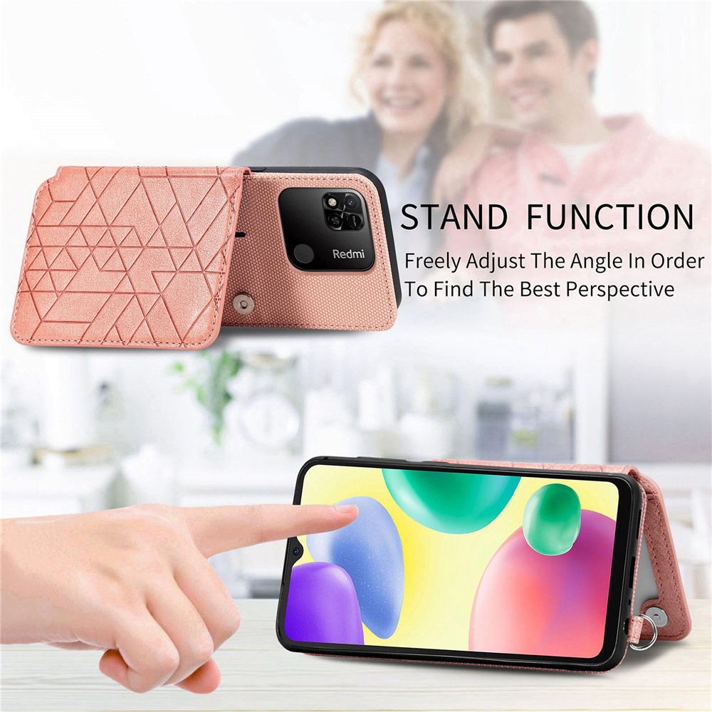 Geometry Imprinted Wallet Kickstand Case for Xiaomi Redmi 10A, Anti-scratch PU Leather Coated TPU Phone Cover with Hand Strap - Rose Gold-8