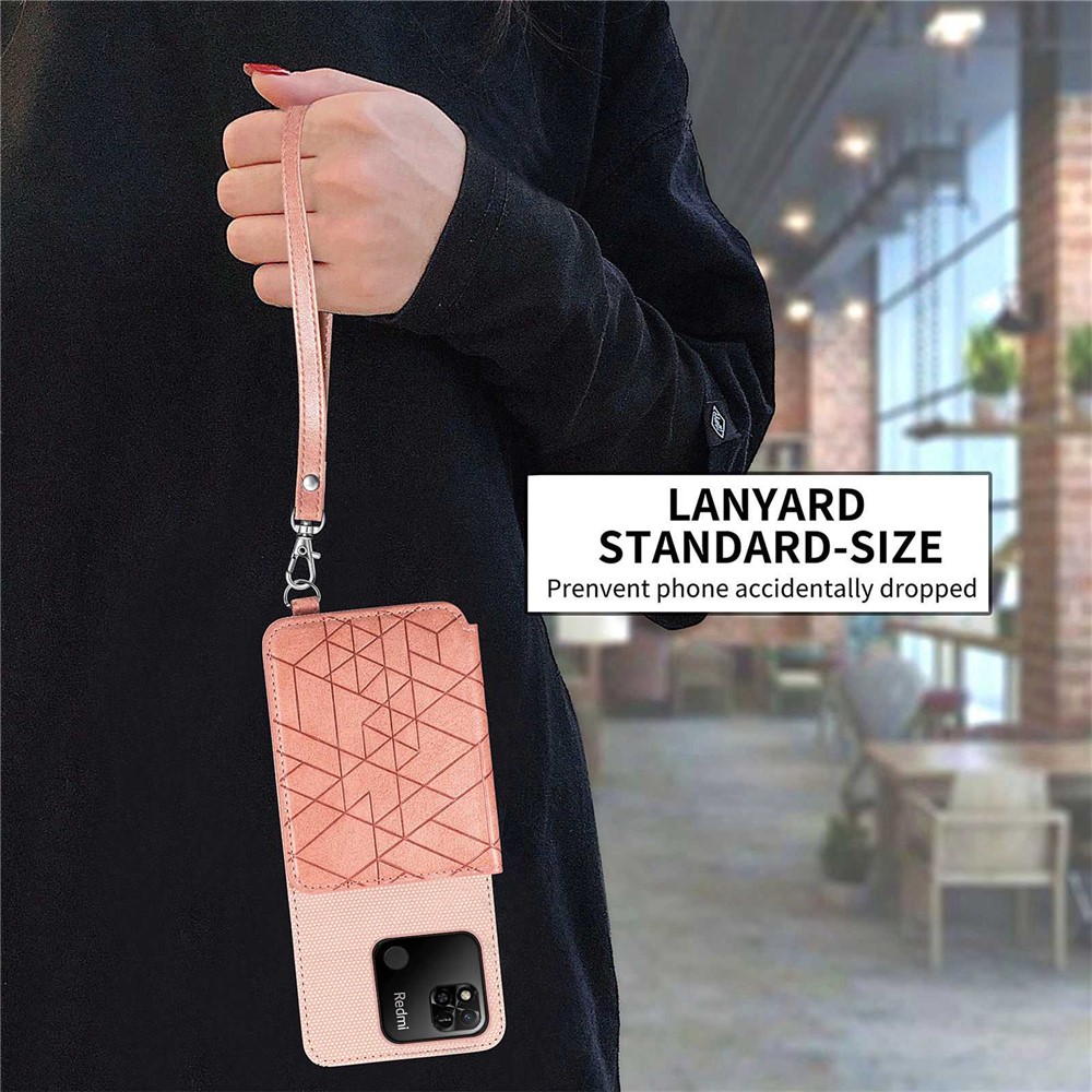 Geometry Imprinted Wallet Kickstand Case for Xiaomi Redmi 10A, Anti-scratch PU Leather Coated TPU Phone Cover with Hand Strap - Rose Gold-9