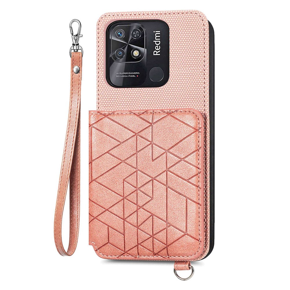 Wallet Kickstand Phone Cover for Xiaomi Redmi 10C 4G, Geometry Imprinted PU Leather + TPU Anti-drop Case with Hand Strap - Rose Gold-1