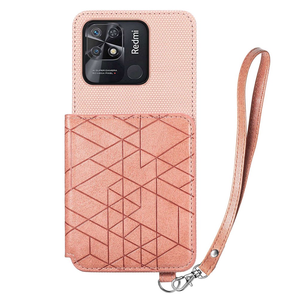 Wallet Kickstand Phone Cover for Xiaomi Redmi 10C 4G, Geometry Imprinted PU Leather + TPU Anti-drop Case with Hand Strap - Rose Gold-2