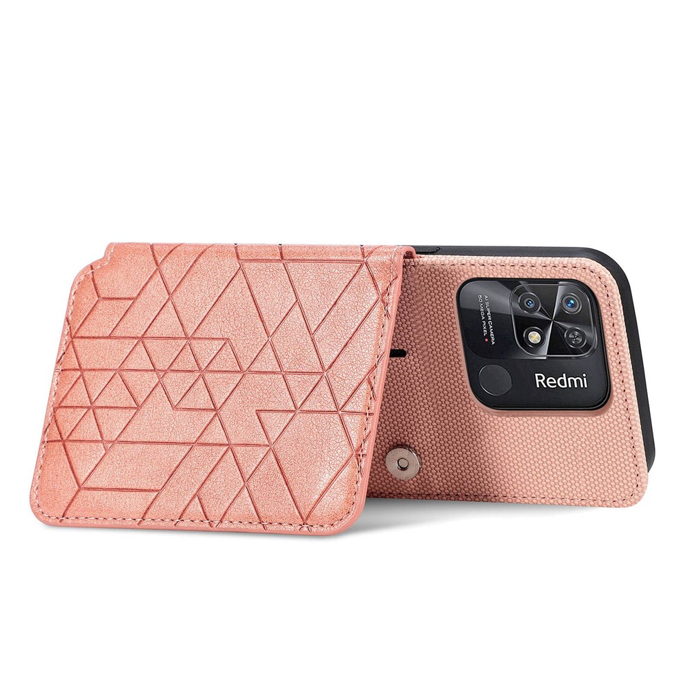 Wallet Kickstand Phone Cover for Xiaomi Redmi 10C 4G, Geometry Imprinted PU Leather + TPU Anti-drop Case with Hand Strap - Rose Gold-5