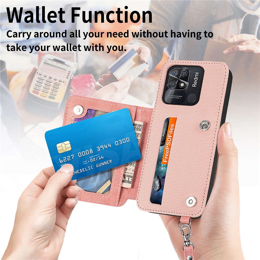 Wallet Kickstand Phone Cover for Xiaomi Redmi 10C 4G, Geometry Imprinted PU Leather + TPU Anti-drop Case with Hand Strap - Rose Gold-7