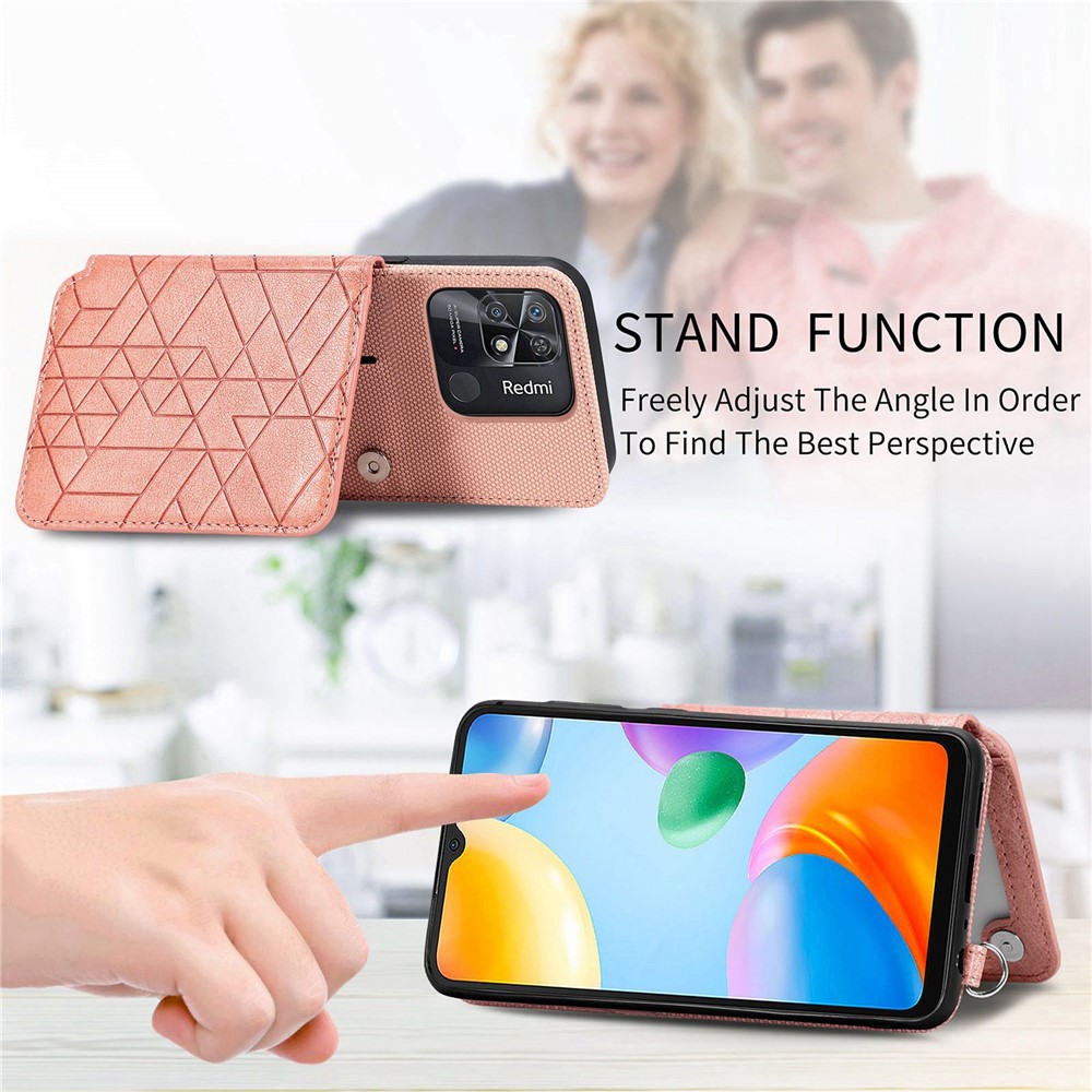 Wallet Kickstand Phone Cover for Xiaomi Redmi 10C 4G, Geometry Imprinted PU Leather + TPU Anti-drop Case with Hand Strap - Rose Gold-8