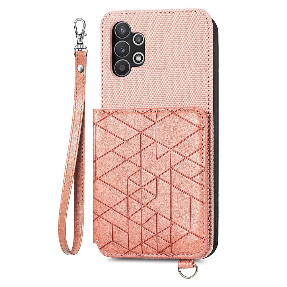 Kickstand Phone Cover for Samsung Galaxy A32 5G / M32 5G, PU Leather Coated TPU Geometry Imprinted Wallet Case with Hand Strap - Rose Gold-1