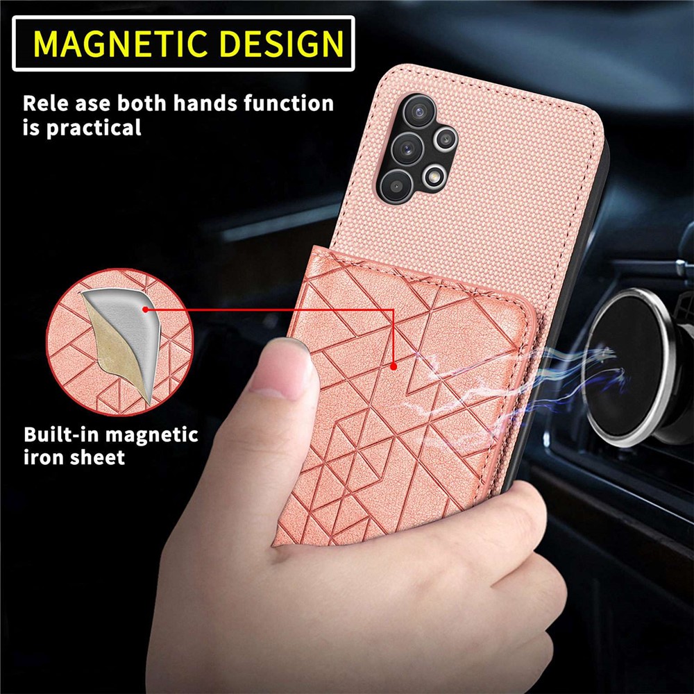 Kickstand Phone Cover for Samsung Galaxy A32 5G / M32 5G, PU Leather Coated TPU Geometry Imprinted Wallet Case with Hand Strap - Rose Gold-10