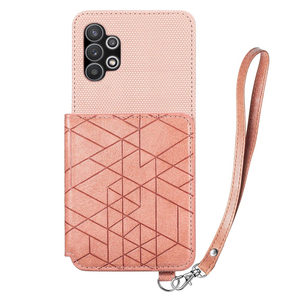 Kickstand Phone Cover for Samsung Galaxy A32 5G / M32 5G, PU Leather Coated TPU Geometry Imprinted Wallet Case with Hand Strap - Rose Gold-2