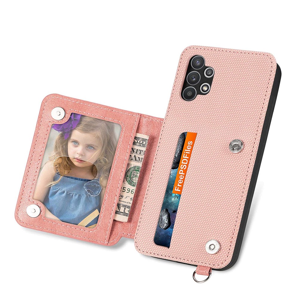 Kickstand Phone Cover for Samsung Galaxy A32 5G / M32 5G, PU Leather Coated TPU Geometry Imprinted Wallet Case with Hand Strap - Rose Gold-3