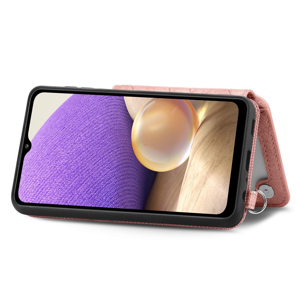 Kickstand Phone Cover for Samsung Galaxy A32 5G / M32 5G, PU Leather Coated TPU Geometry Imprinted Wallet Case with Hand Strap - Rose Gold-4
