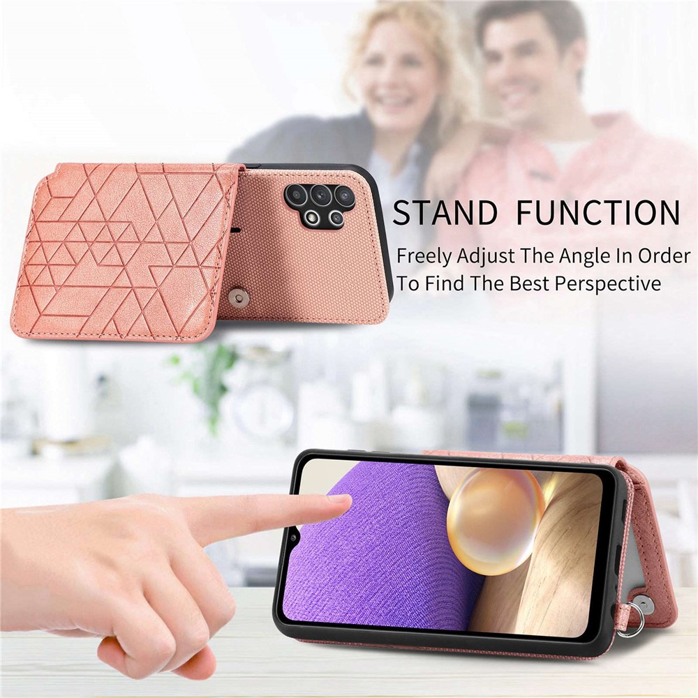 Kickstand Phone Cover for Samsung Galaxy A32 5G / M32 5G, PU Leather Coated TPU Geometry Imprinted Wallet Case with Hand Strap - Rose Gold-8