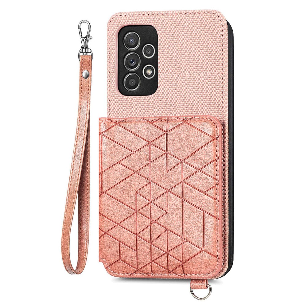 For Samsung Galaxy A52 4G / 5G / A52s 5G Geometry Imprinted Wallet Case PU Leather Coated TPU Kickstand Phone Cover with Hand Strap - Rose Gold-1