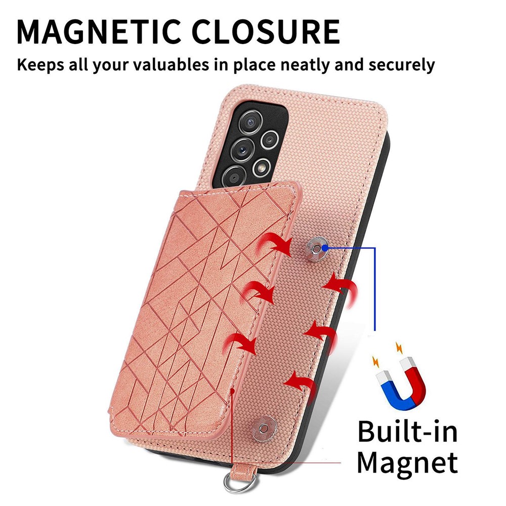 For Samsung Galaxy A52 4G / 5G / A52s 5G Geometry Imprinted Wallet Case PU Leather Coated TPU Kickstand Phone Cover with Hand Strap - Rose Gold-11
