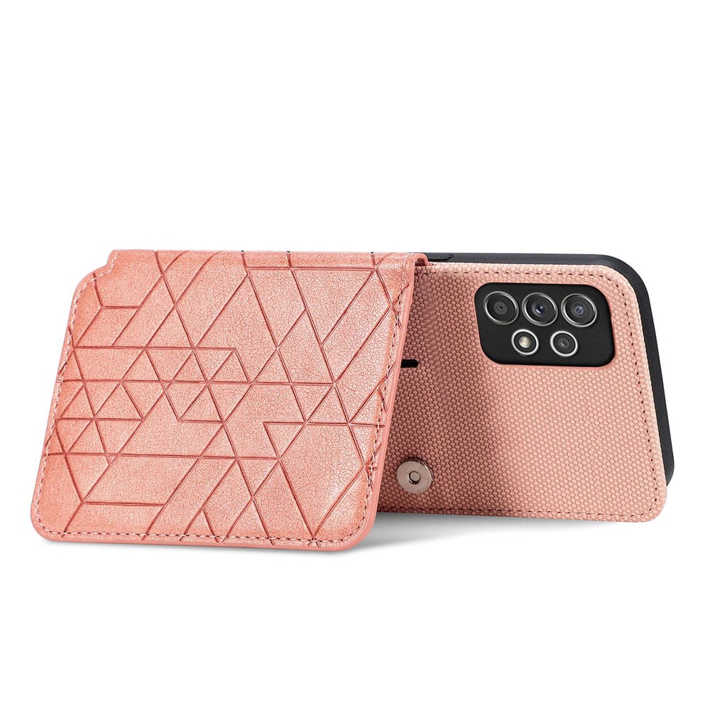 For Samsung Galaxy A52 4G / 5G / A52s 5G Geometry Imprinted Wallet Case PU Leather Coated TPU Kickstand Phone Cover with Hand Strap - Rose Gold-5