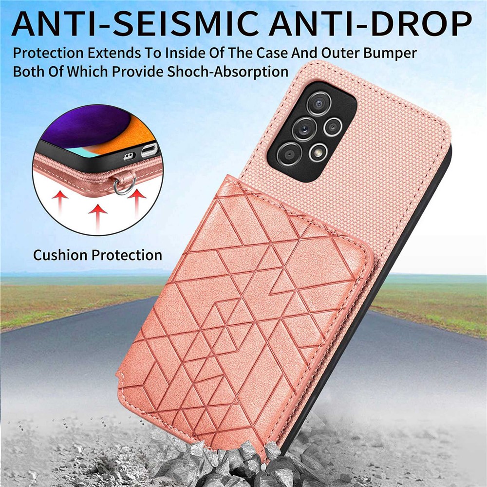 For Samsung Galaxy A52 4G / 5G / A52s 5G Geometry Imprinted Wallet Case PU Leather Coated TPU Kickstand Phone Cover with Hand Strap - Rose Gold-6