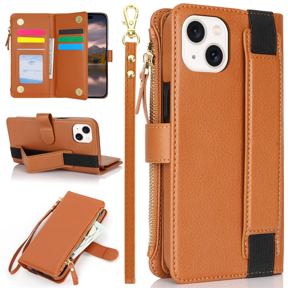 XL-001 For iPhone 15 Case Zipper Pocket Wristband Stand Leather Phone Cover - Brown