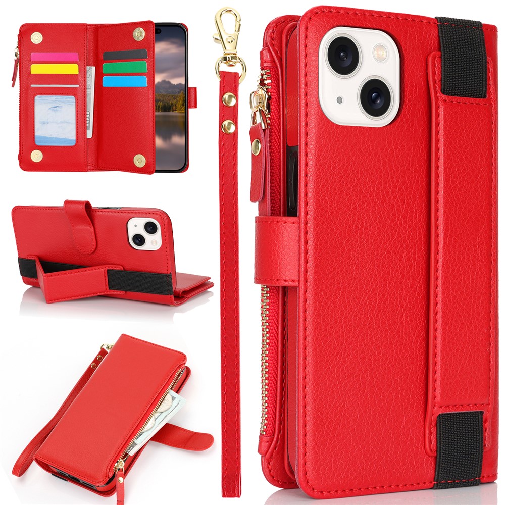 XL-001 For iPhone 15 Case Zipper Pocket Wristband Stand Leather Phone Cover - Red