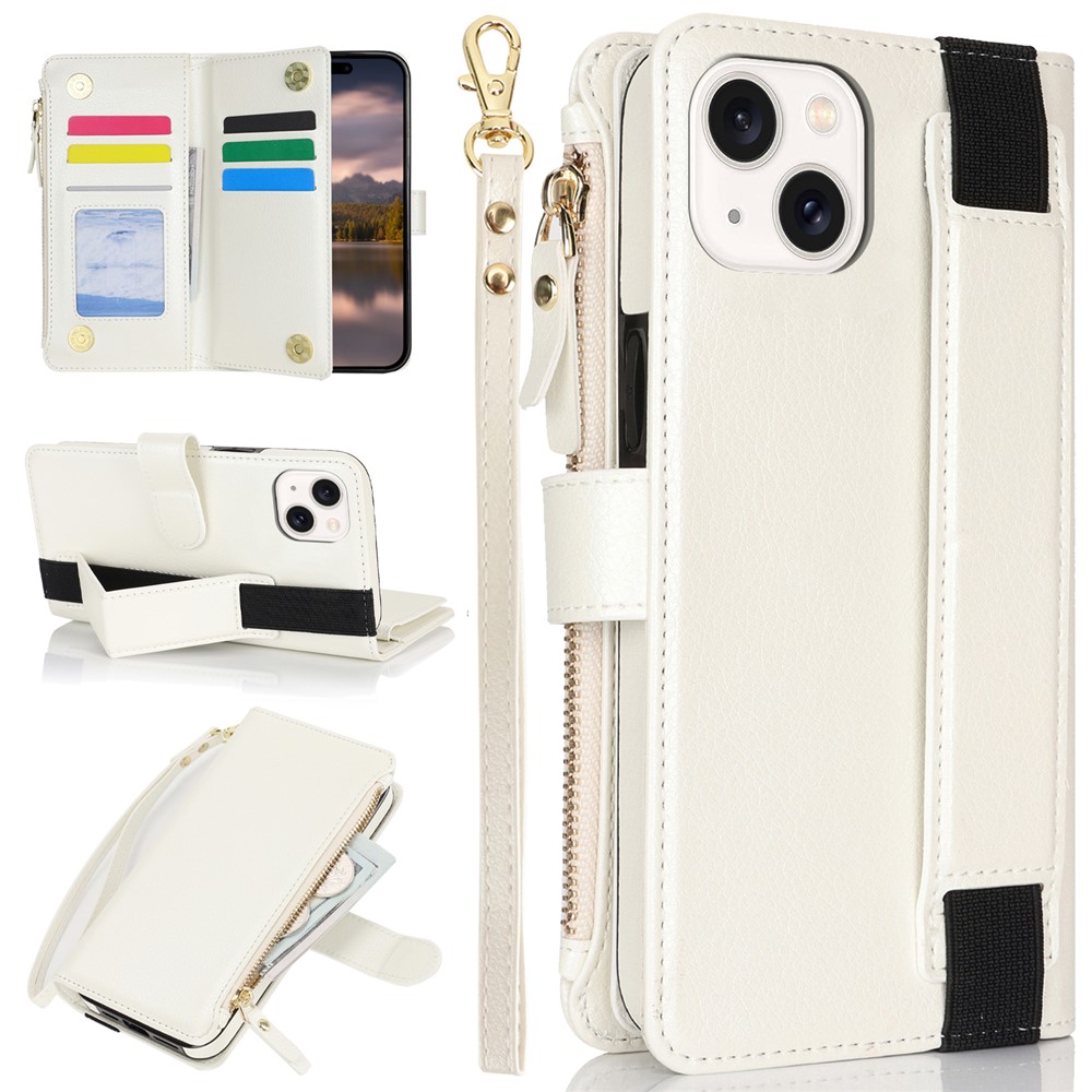 XL-001 For iPhone 15 Case Zipper Pocket Wristband Stand Leather Phone Cover - White